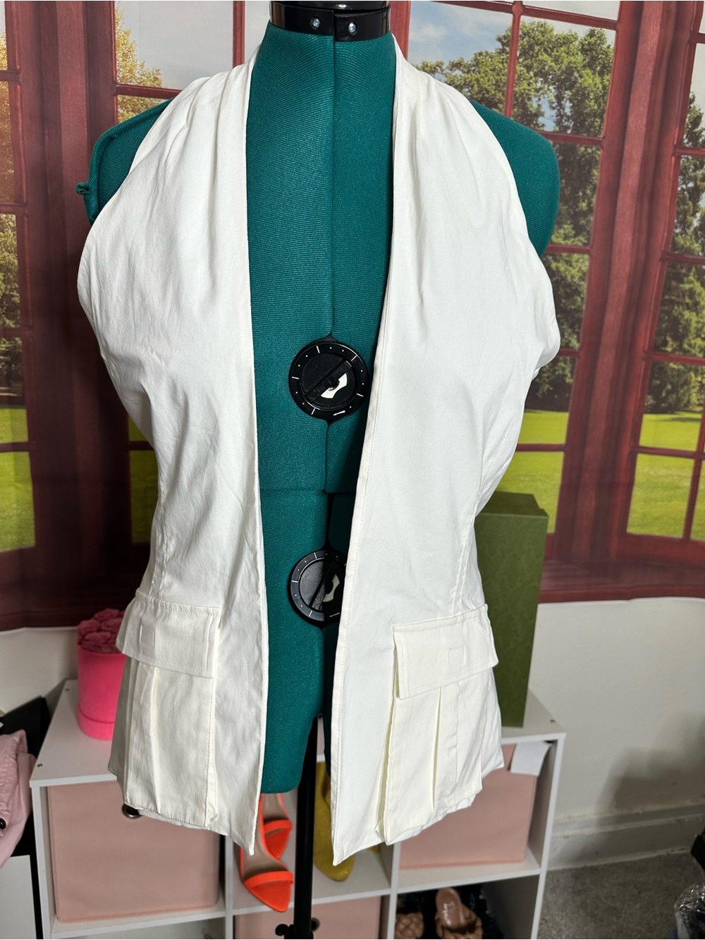 Zara White Sleeveless Vest with Halter Back and Large Cargo Pockets